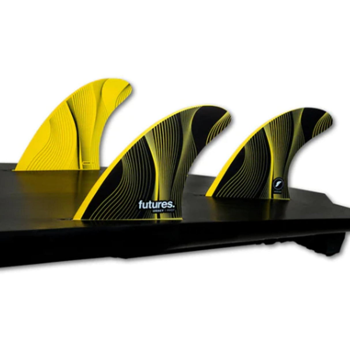 Futures P6 Legacy Pivot Thruster Flossen Set, gelb und schwarz, Seitenansicht auf schwarzer Basis