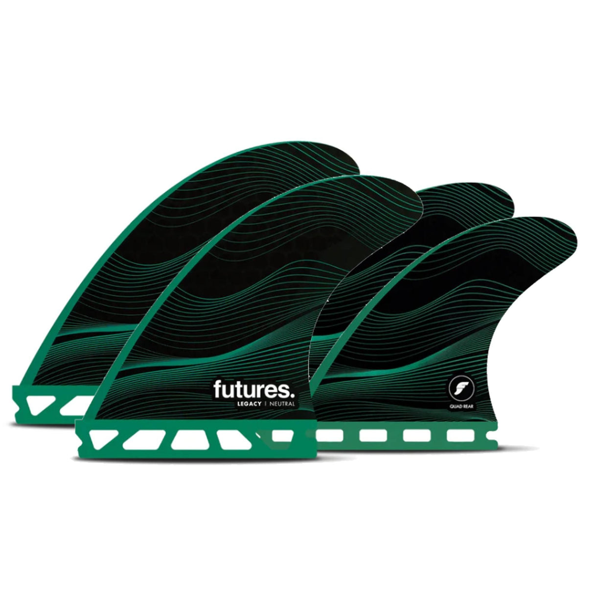 Futures Legacy Neutral Honeycomb Quad Set grüne Surfflossen mit Wabenstruktur, vier Flossen in neutralem Design, Seitenansicht