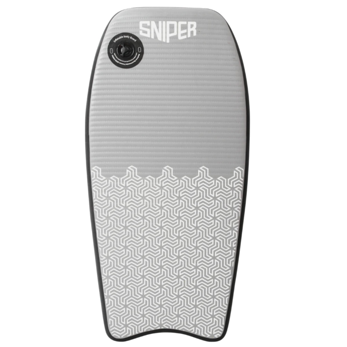 Sniper Pufferfish Bodyboard grau mit geometrischem Muster, Draufsicht, Schaumstoffoberfläche mit Griffpad