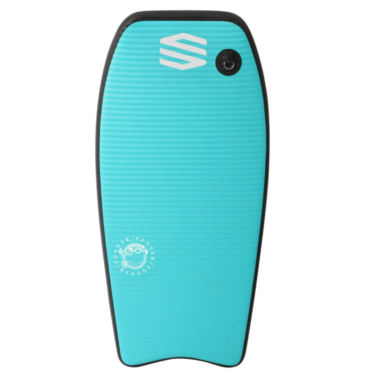 Sniper Pufferfish Bodyboard in Türkis mit schwarzem Rand, gerillter Oberfläche und Logo-Details, Vorderansicht