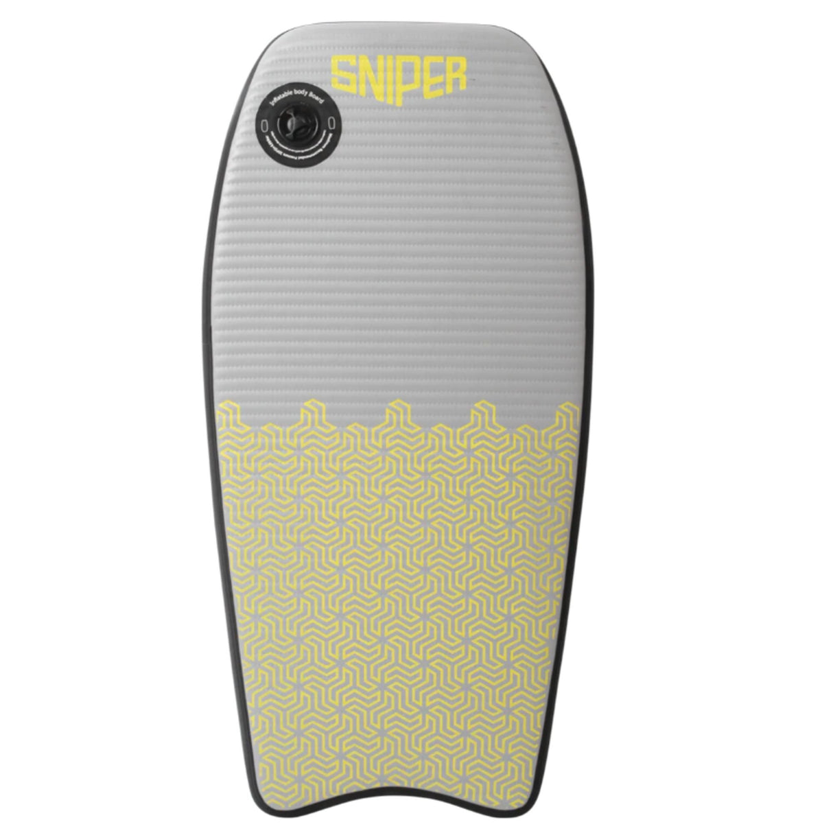 Sniper Pufferfish Bodyboard in Grau und Gelb mit geometrischem Muster, Draufsicht, schwarze Tragegriffe sichtbar
