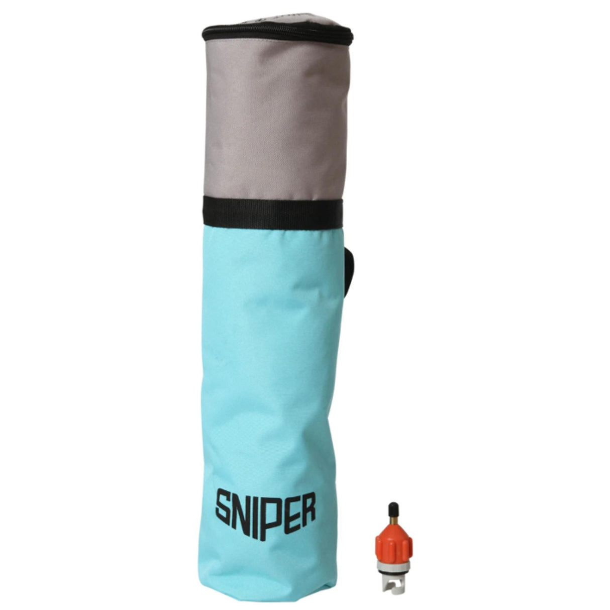 Sniper Pufferfish Bodyboard hellblau grau gerollt mit schwarzem Band und roter Pufferfish-Figur, Frontansicht