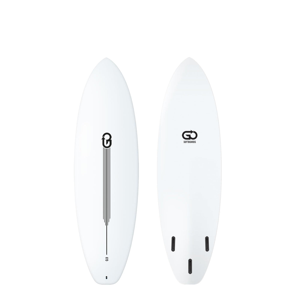GO Softboard Surf Range weiß, Draufsicht Deck und Bottom, weißes Softboard mit GO-Logo und Finnen-Setup