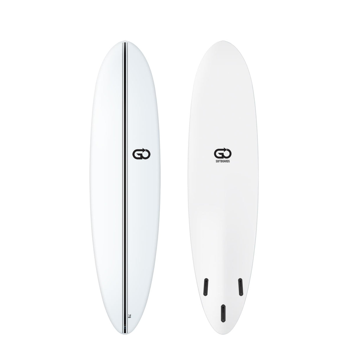 GO Softboard Surf Range Surfboard weiß, Schaumstoff, Draufsicht von oben und unten mit mittlerem Streifen