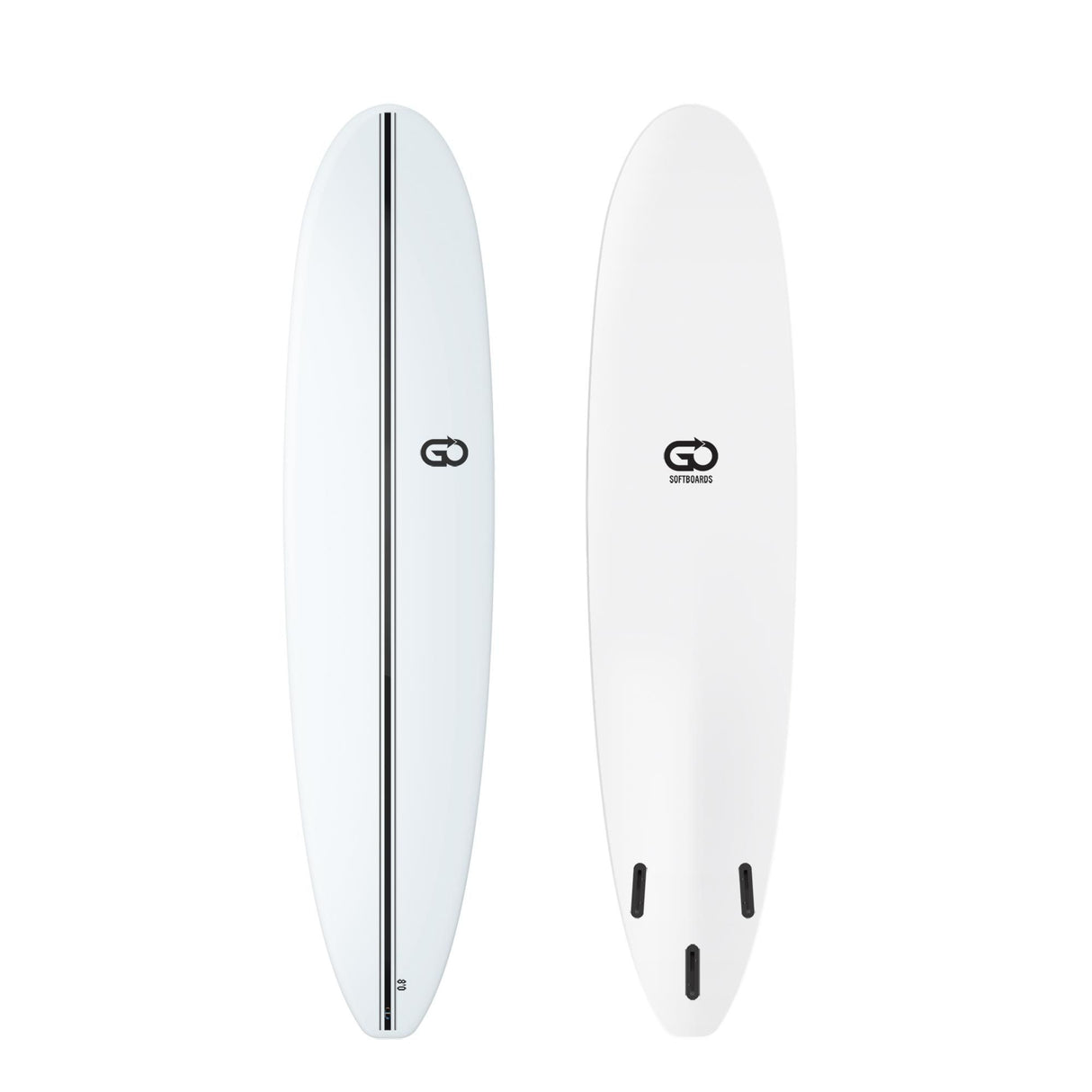 GO Softboard Surf Range weißes Surfboard mit Streifen, Draufsicht und Unterseite, schaumstoffgepolstert