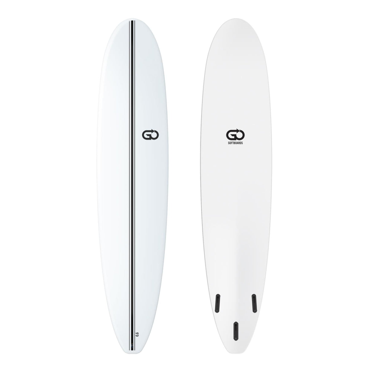 GO Softboard Surf Range Weiß, Draufsicht und Unterseite, weißes Softboard mit schwarzer Mittellinie und Finnen