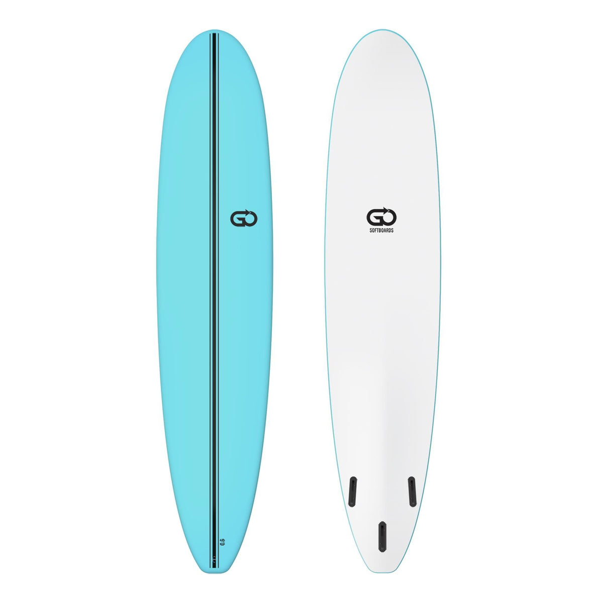 GO Softboard Surf Range, zwei Surfboards in Blau und Weiß, Draufsicht, Soft-Top Design mit Finnen