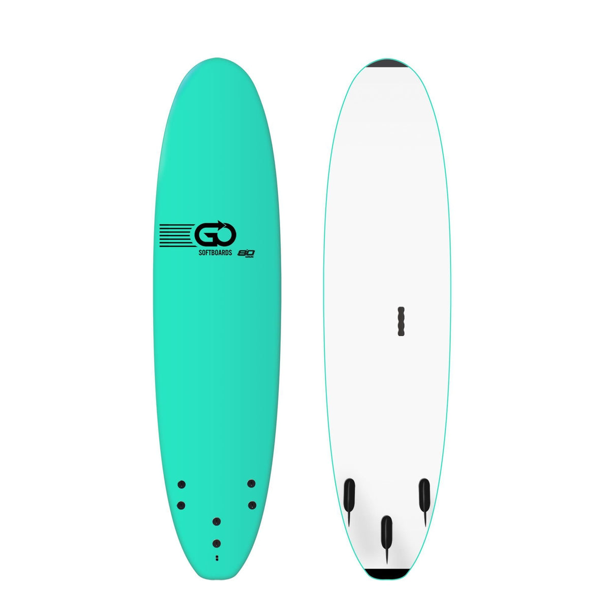 GO School Softboard Türkis, Vorder- und Rückseite, abgerundetes Design mit Finnen, Anfänger-Surfboard