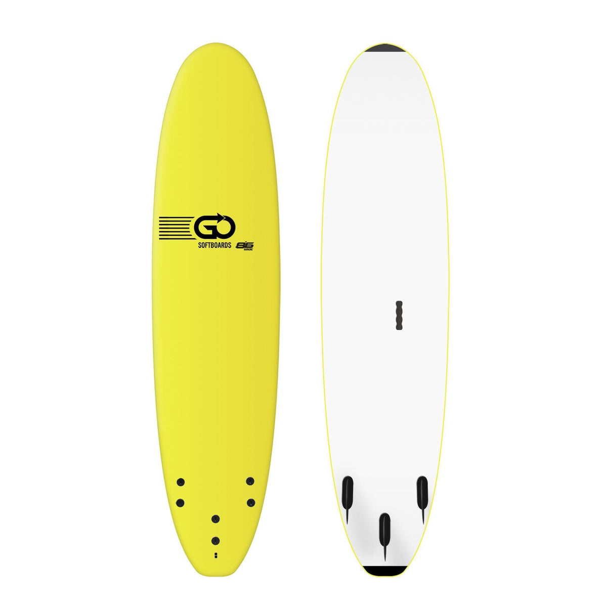 GO School Softboard gelb-weiß, Draufsicht und Unterseite, mit schwarzen Finnen und gelbem Rail, Anfänger-Surfboard