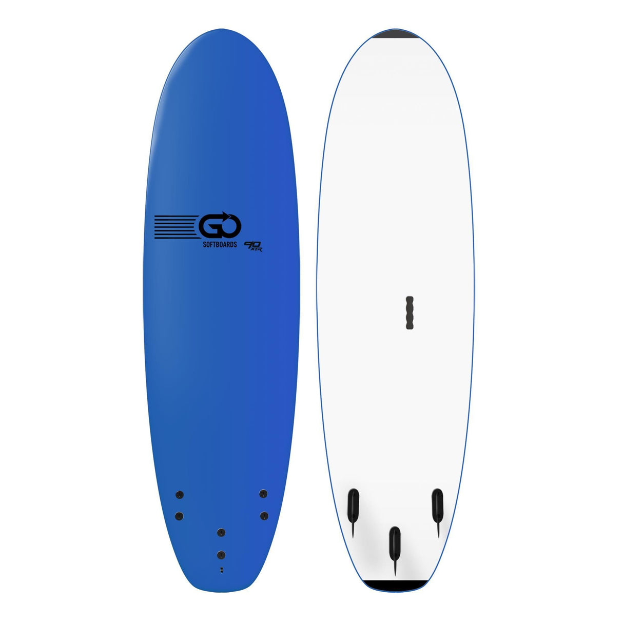 GO Softboard School Surfboard XTR Wide Body, blau und weiß, Vorder- und Rückseite, breites Design mit Finnen