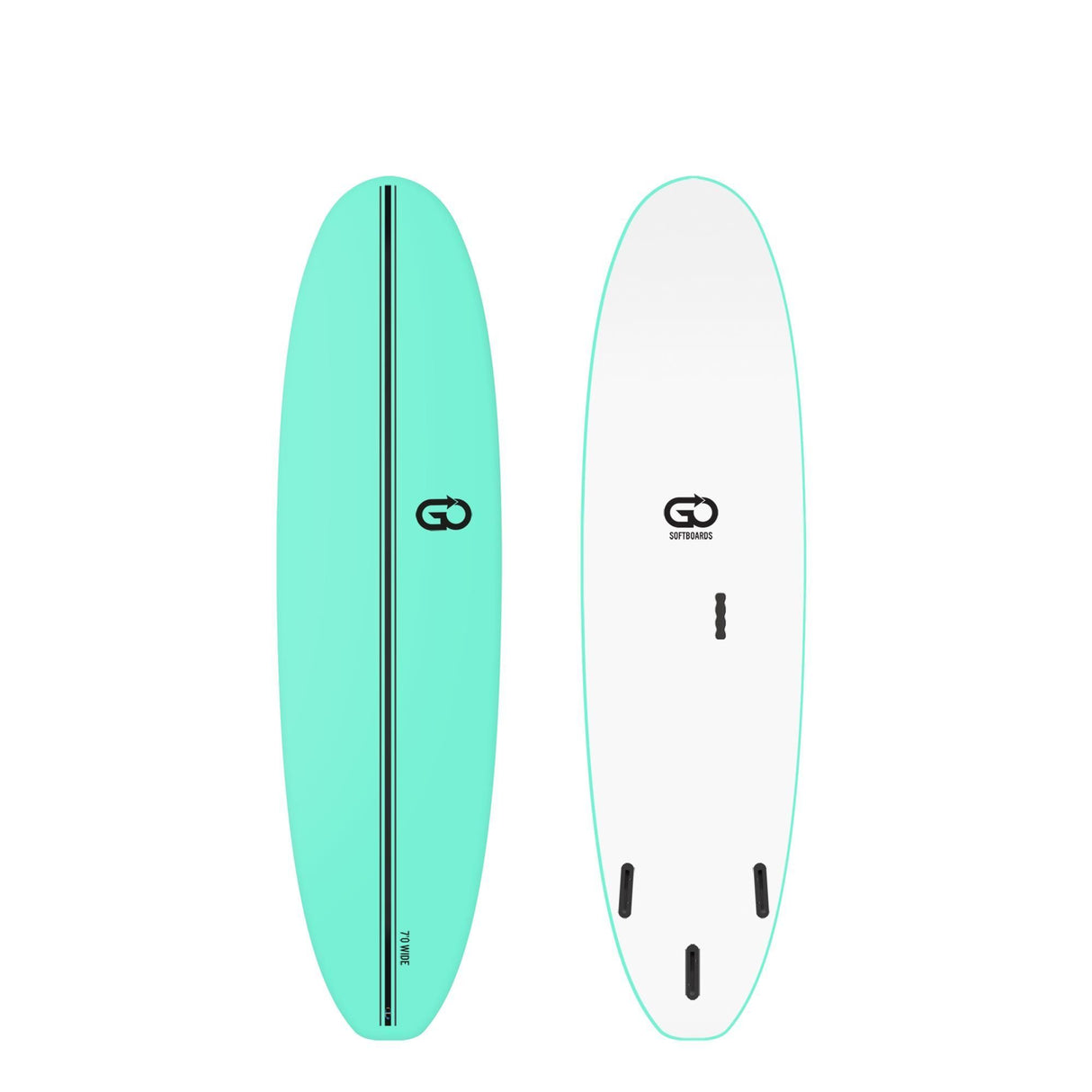 GO Softboard Surf Range Wide Surfboard in Mint und Weiß, Draufsicht und Unterseite, Schaumstoff-Material mit schwarzem Stringer