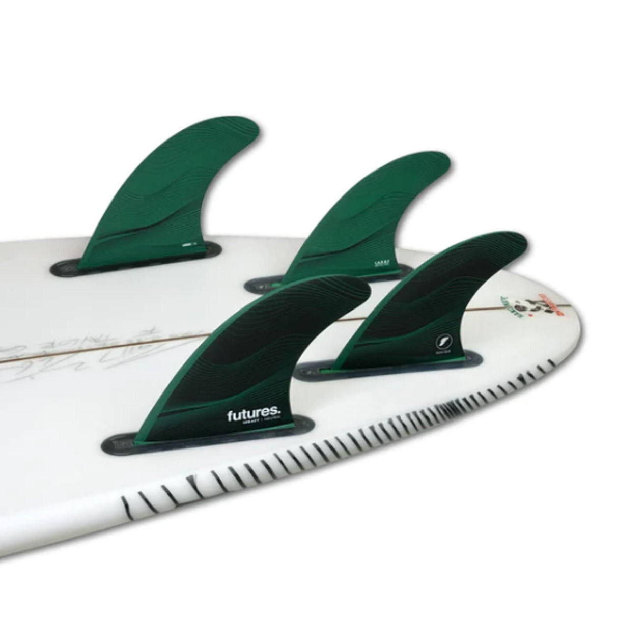 Futures Legacy Honeycomb 5-Fin Set, grüne und schwarze Flossen aus Kunststoff mit Wabenmuster auf Surfboard montiert