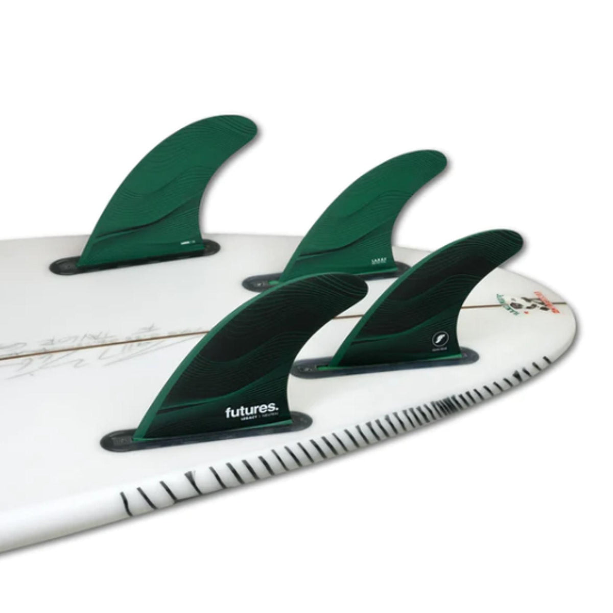 Futures Legacy Honeycomb 5-Fin Set, grüne und schwarze Flossen aus Kunststoff mit Wabenmuster auf Surfboard montiert