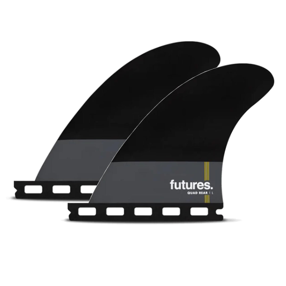 Futures Honeycomb Pivot Quad Rear Set, schwarze Finnen mit grauem Honeycomb-Material und schwarzer Basis, Seitenansicht