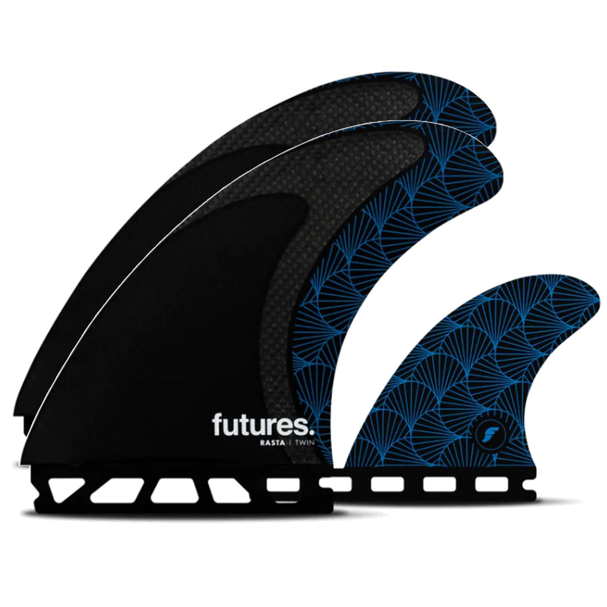 Futures Twin Tri Fin Set Rasta Honeycomb Carbon mit schwarzen und blauen Flossen, Seitenansicht