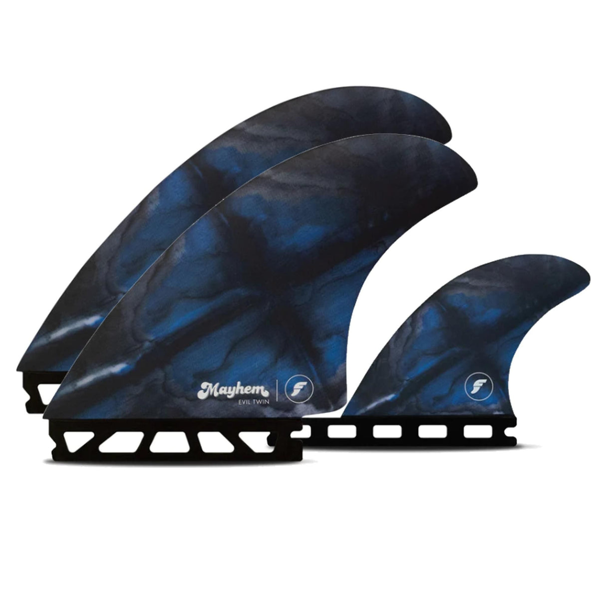 Futures Twin+1 Fin Set Mayhem Evil Honeycomb, drei Flossen in Blau-Schwarz mit Honeycomb-Material und Futures-Logo, Frontansicht