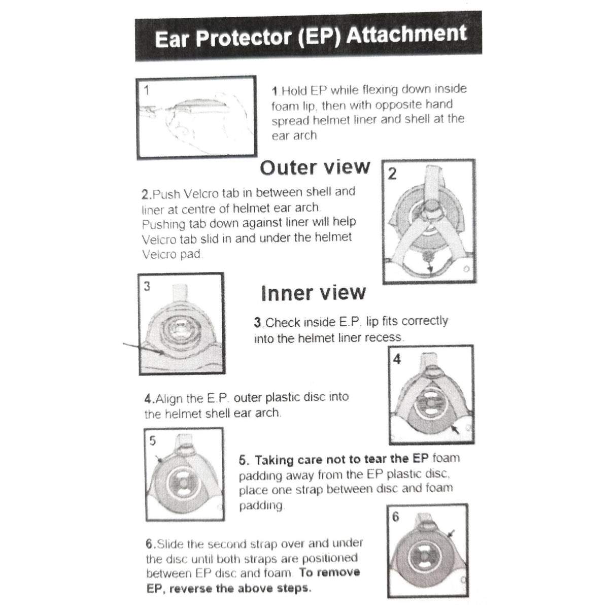 Gath Helm Ear Pocket Set Montageanleitung mit Außen- und Innenansicht, schwarzweiße Diagramme mit Befestigungsschritten