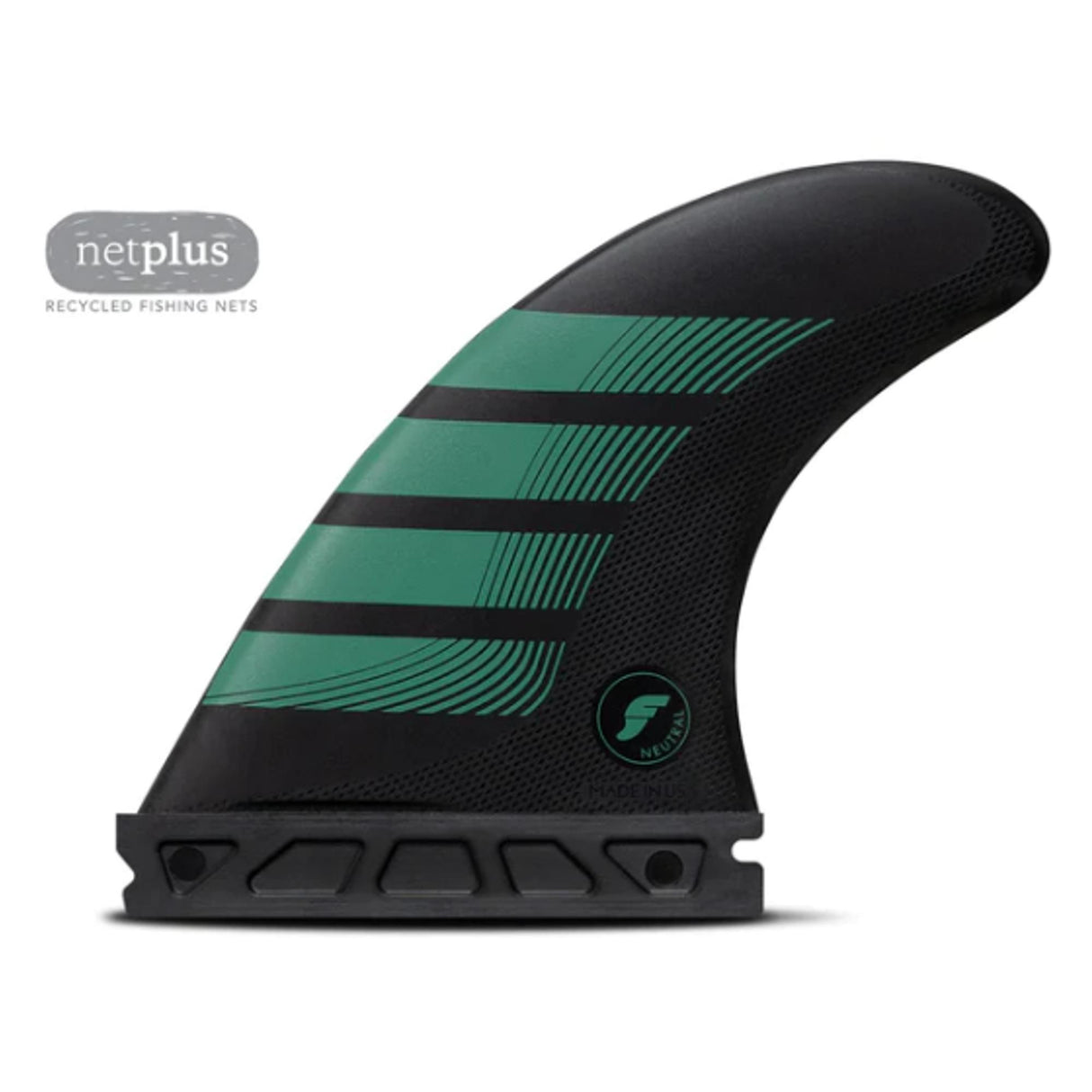 Futures Thruster Fin Set F6 Alpha, schwarz-grüne Surfflossen mit Rillenstruktur, Seitenansicht