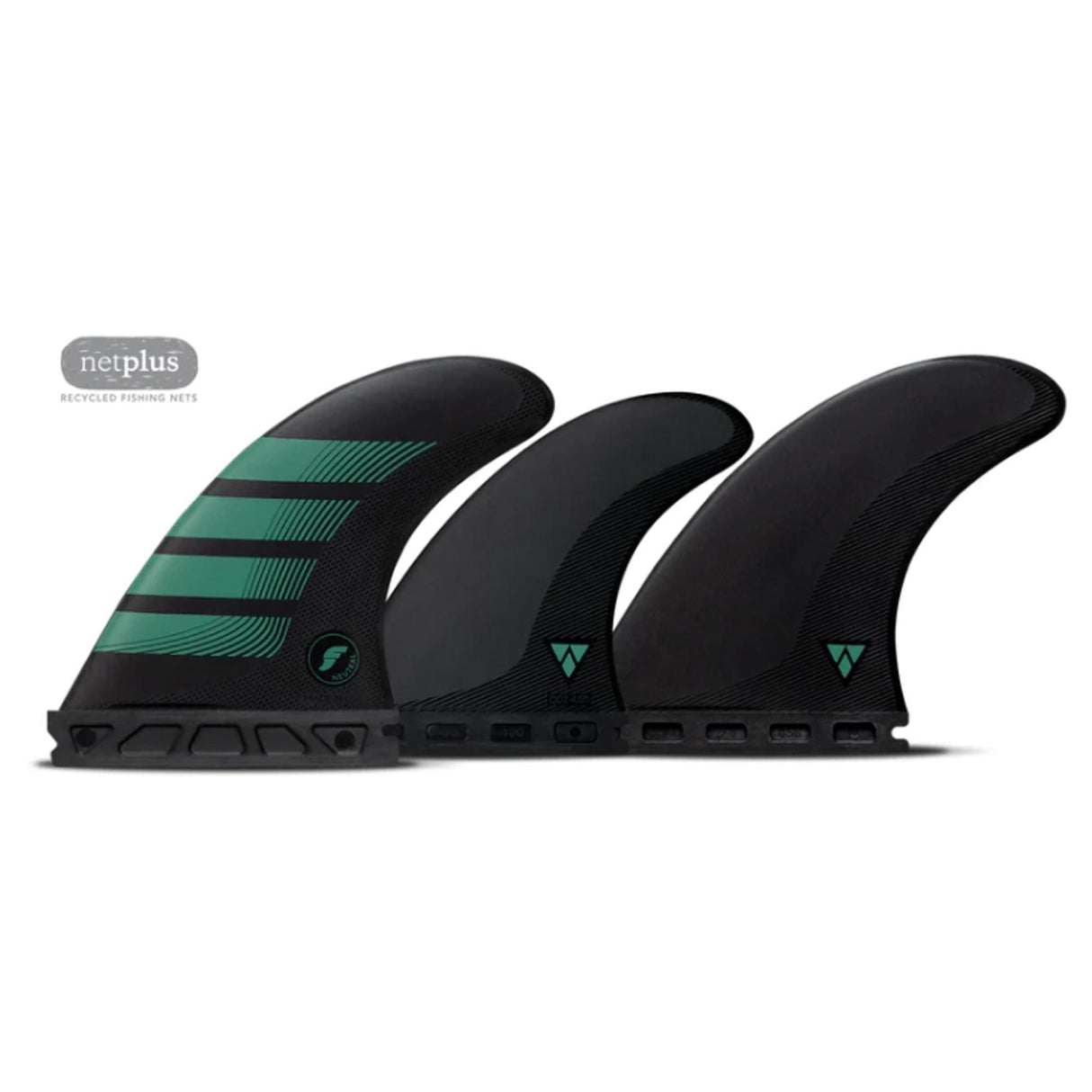 Futures Quad Thruster 5 Fin Set F6 Alpha, schwarze Flossen mit grünen Streifen, Seitenansicht