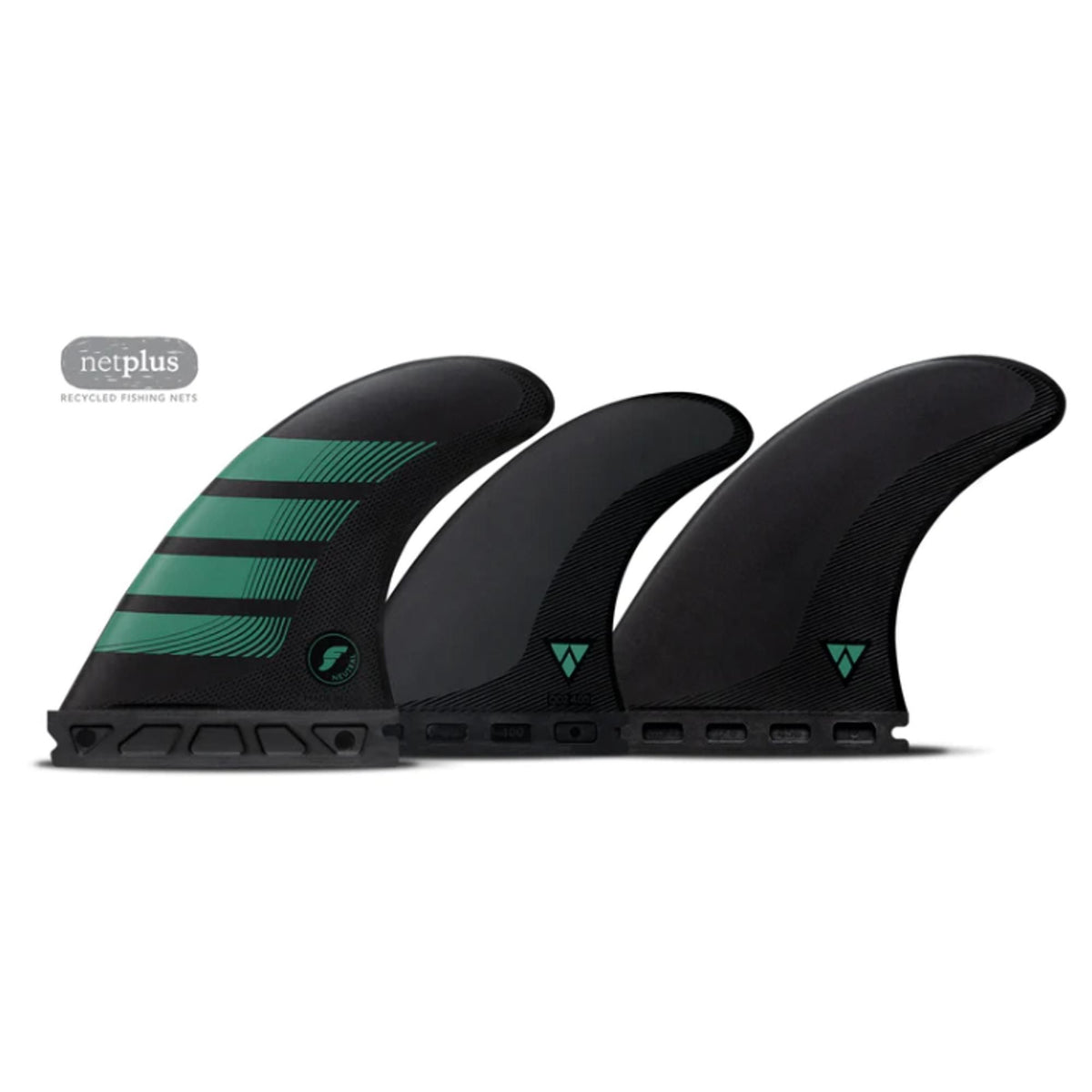Futures Quad Thruster 5 Fin Set F6 Alpha, schwarze Flossen mit grünen Streifen, Seitenansicht