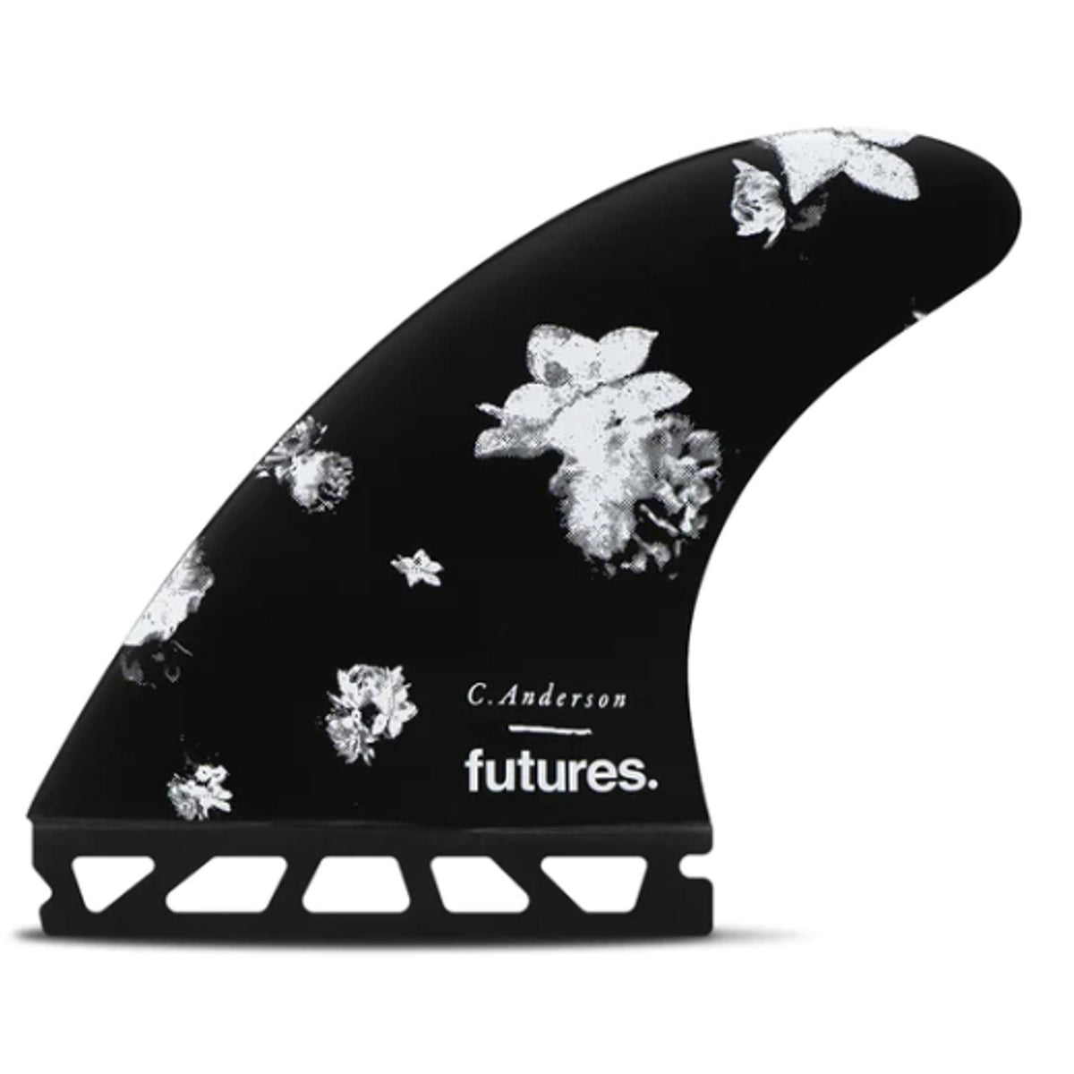 Futures Thruster Fin Set Ando Blackstix, schwarze Surffinne mit weißem Blumenmuster, Seitenansicht