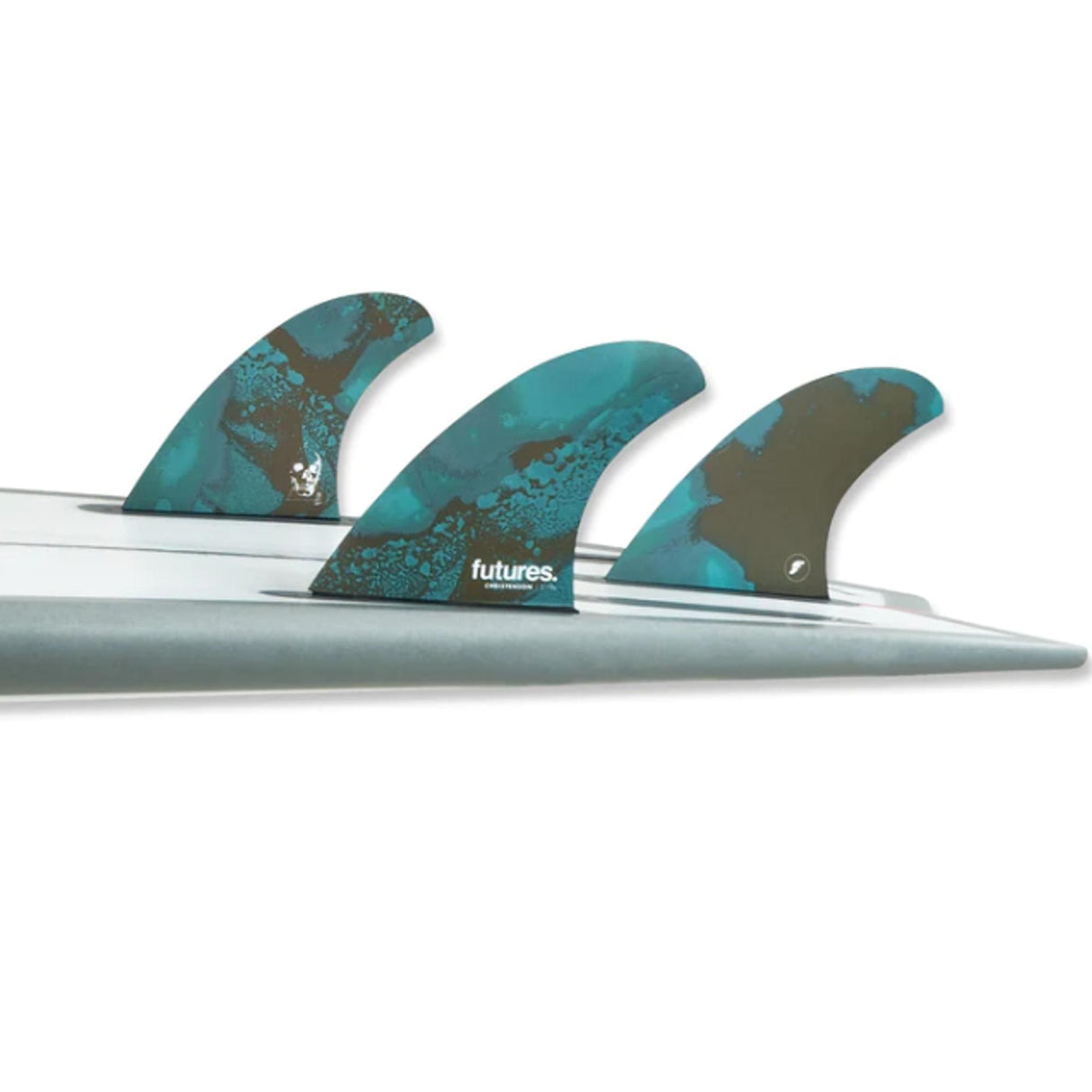 Futures Quad Thruster 5 Fin Set Christenson Honeycomb in Türkis und Braun auf Surfboard montiert, seitliche Ansicht