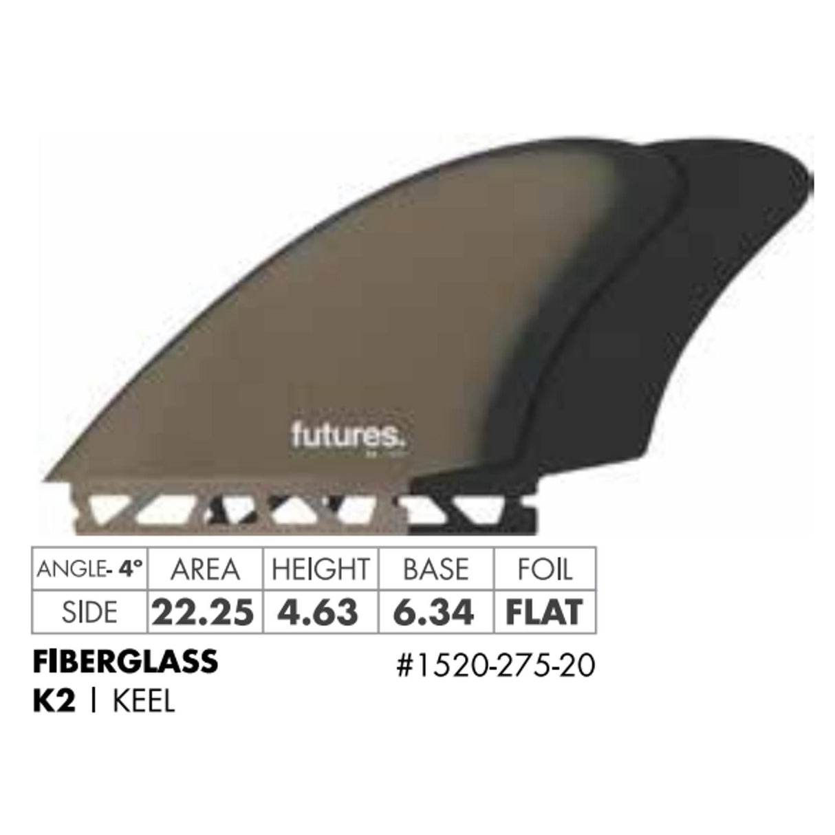 Futures Twin Fin Set K2 Keel Fiberglass schwarz-grau mit Spezifikationen Seitenansicht