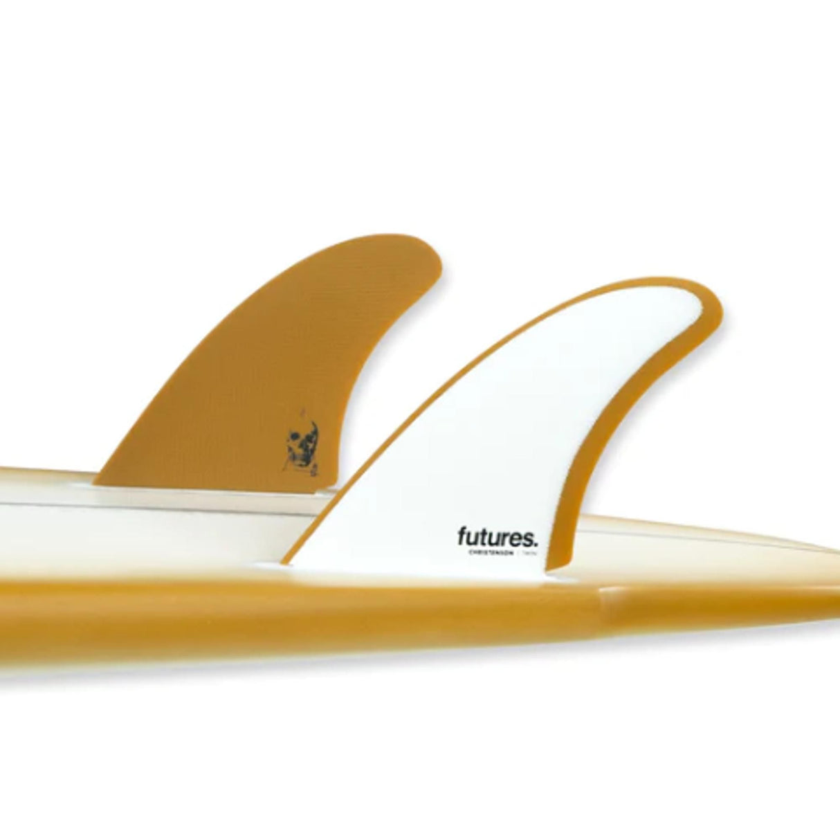 Futures Twin Fin Set Christenson Fiberglass, braun-weiße Flossen aus Fiberglas, Seitenansicht