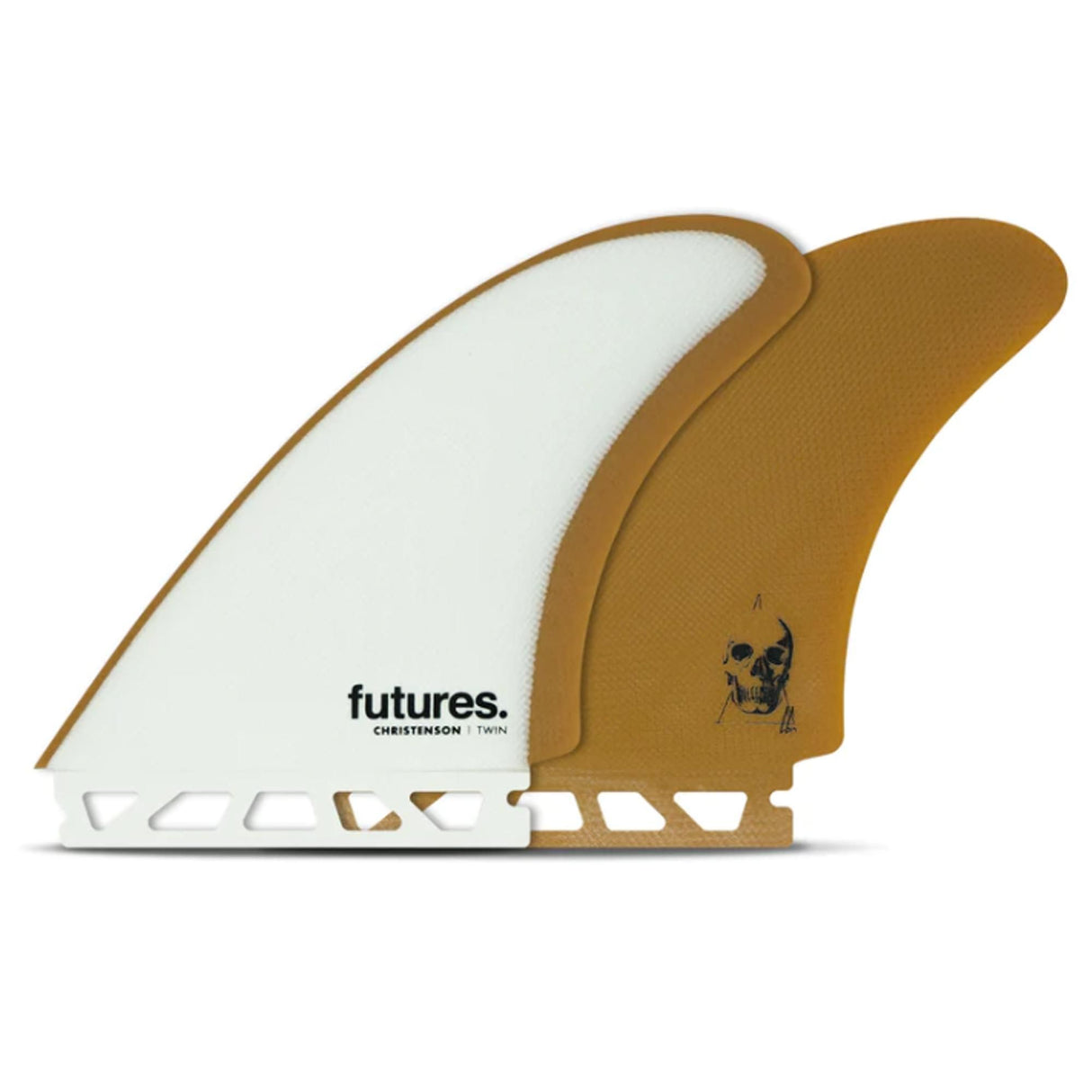 Futures Twin Fin Set Christenson Fiberglass in Braun und Weiß, zwei Flossen aus Glasfaser, Seitenansicht