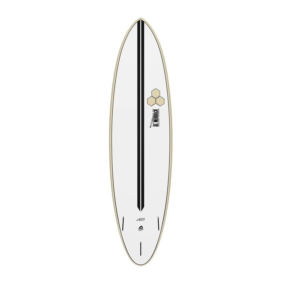 Channel Islands X-lite M23 Surfboard, Weiß mit schwarzem Streifen, Draufsicht