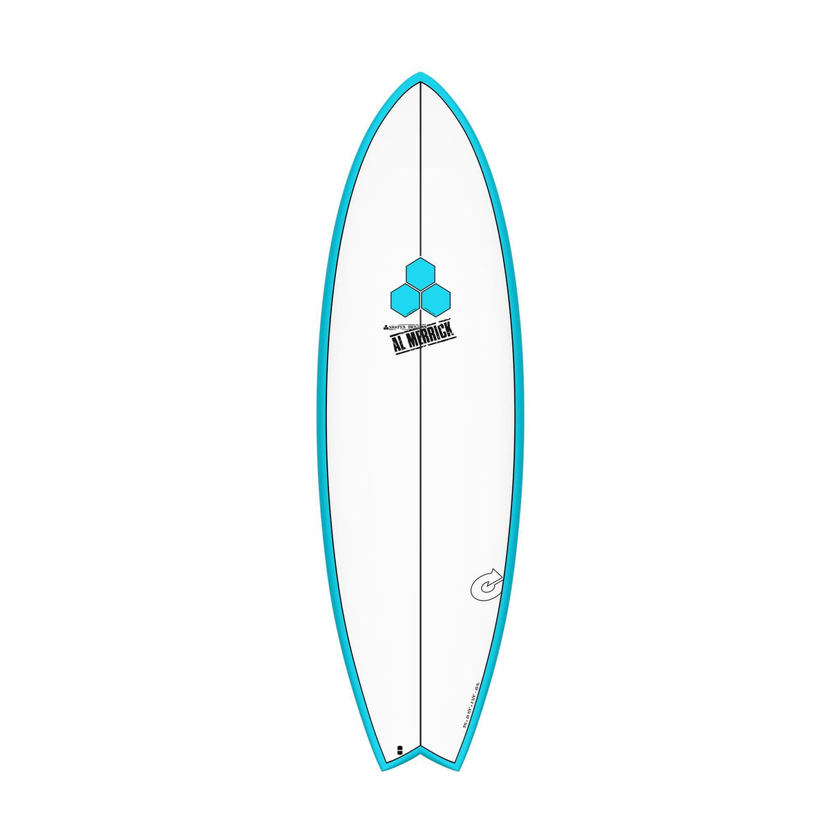 Channel Islands X-lite PodMod Surfboard, Türkis, Draufsicht, kompaktes Design mit blauem Logo