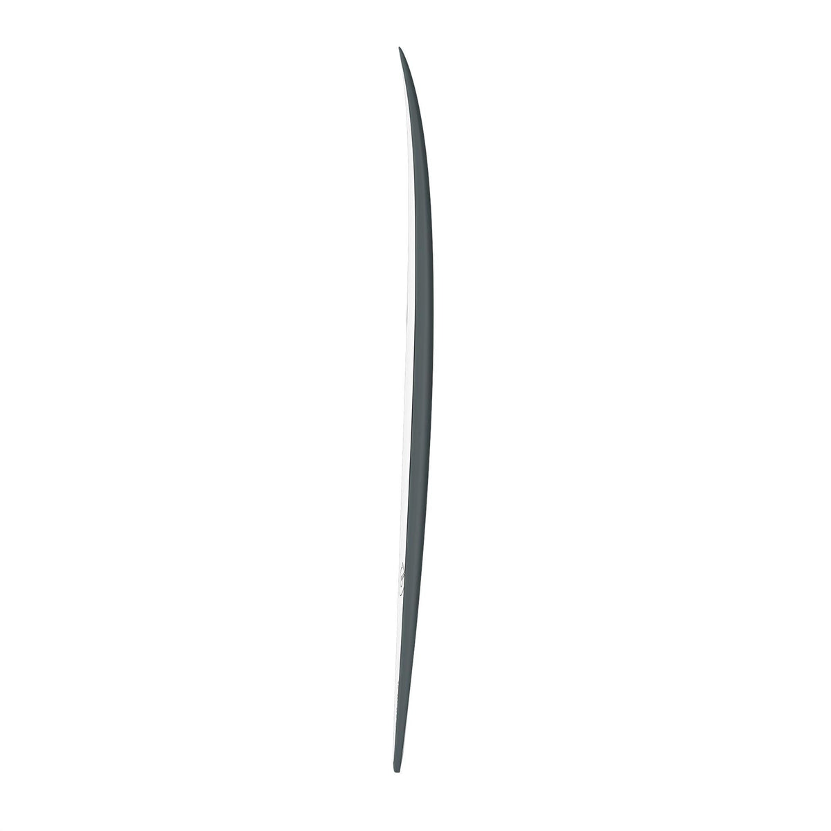 Channel Islands X-lite PodMod Surfboard in Grau, schlankes Design mit spitzer Nose, Seitenansicht