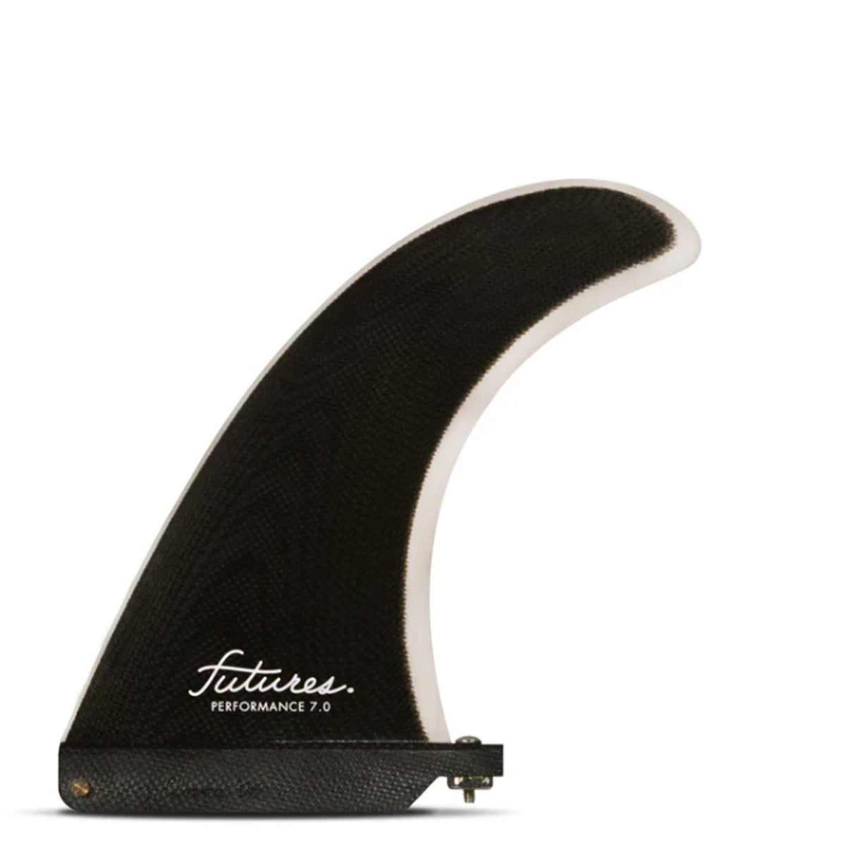 Futures Single Fin Performance Fiberglass US, schwarze Finne mit weißem Rand, Seitenansicht