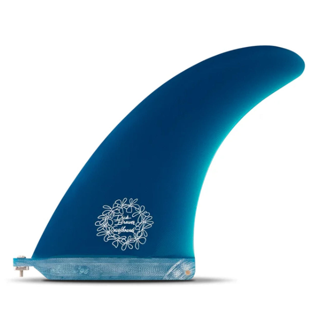 Futures Gun Single Fin Dick Brewer Fiberglass in Blau, Seitenansicht des geschwungenen Surfboards mit Logo