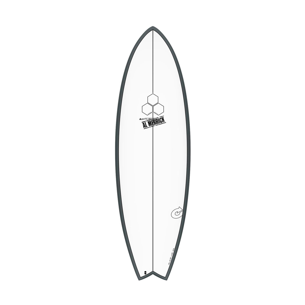 Channel Islands X-lite PodMod Surfboard, grau-weiß, Draufsicht, kompakte Fish-Form