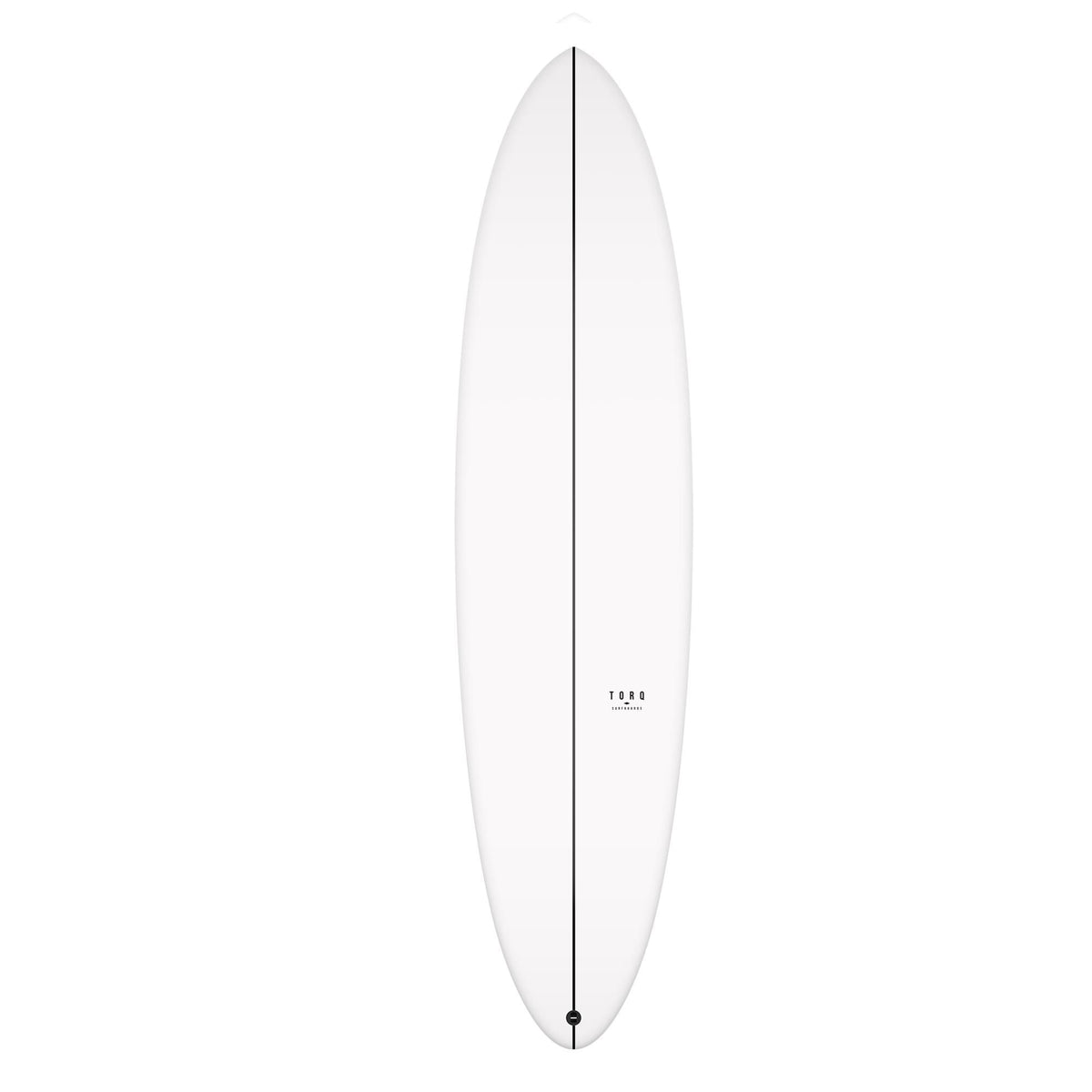 Torq TEC Delpero Twin Surfboard in Weiß, Draufsicht mit sichtbarem Finbox und zentraler Linie