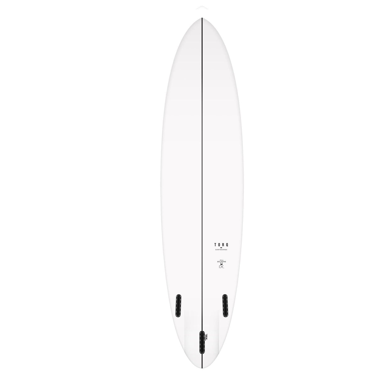 Torq TEC Delpero Twin Surfboard in Weiß, Draufsicht, mit schwarzen Finnen und Centerline-Design