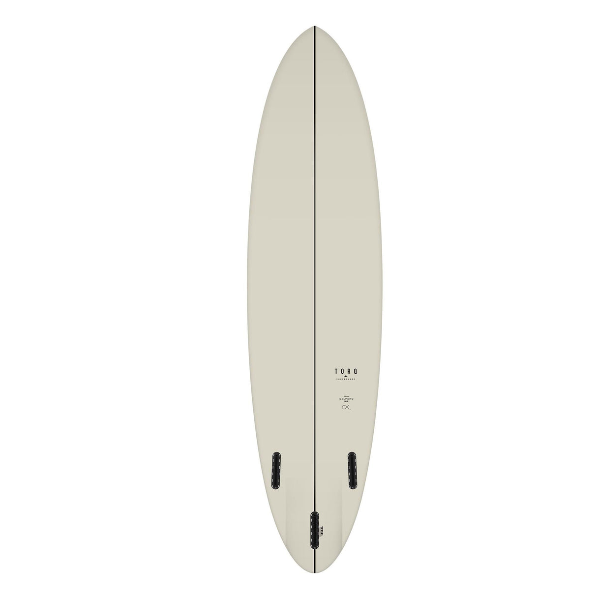 Torq TEC Delpero Twin Surfboard in Creme, Draufsicht mit schwarzen Finnen und mittig verlaufender Linie
