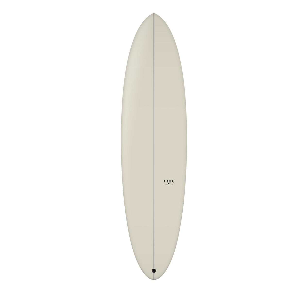 Torq TEC Delpero Twin Surfboard in Creme, Draufsicht, ovale Form mit schwarzer Mittellinie und Finne