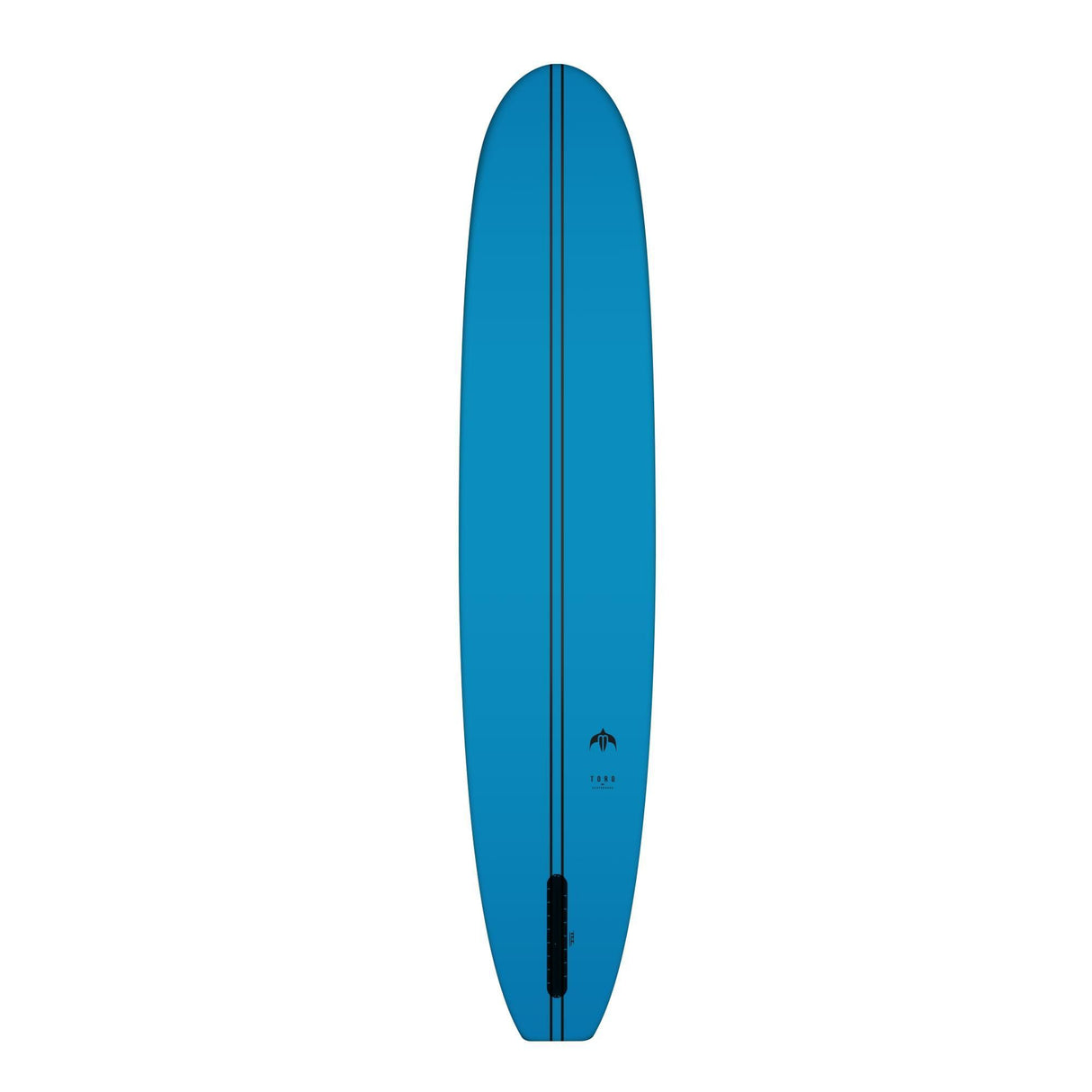 Torq TEC Delpero Pig Surfboard in Blau, Draufsicht, längliche Form mit abgerundetem Nose und Tail, schwarzer Mittelstreifen