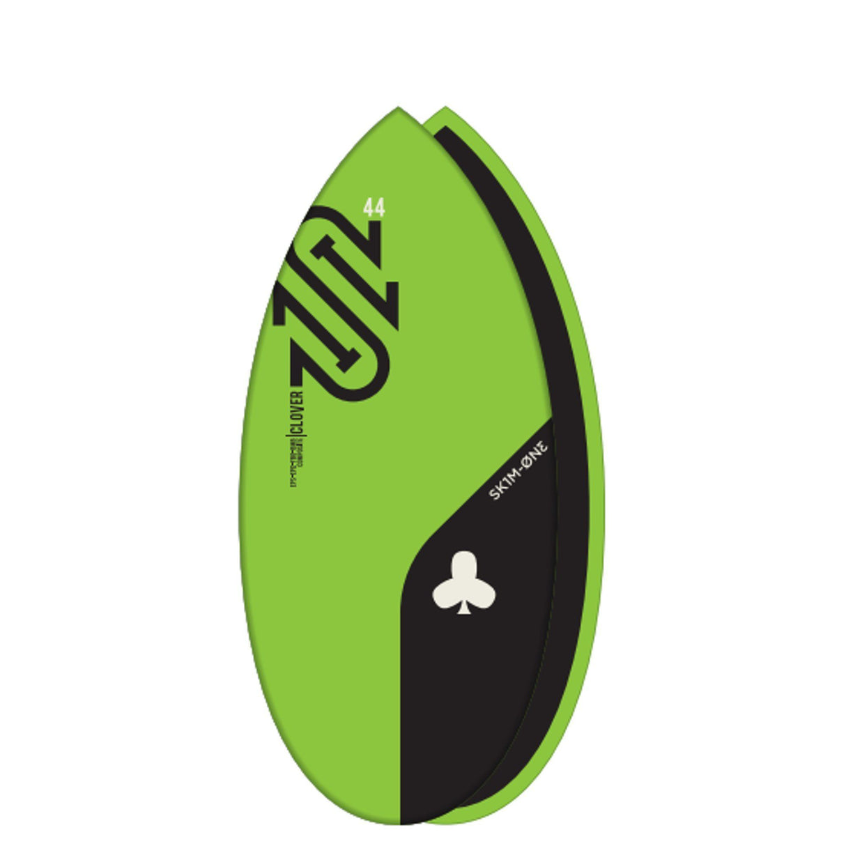 SkimOne EPS Epoxy Bambus Clover Skimboard grün-schwarz, Aufsicht auf ovales Deck mit Kleeblatt-Logo