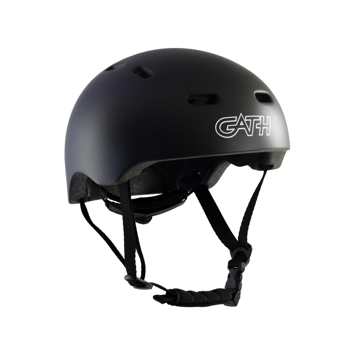 Gath Multisports Helm RGM in Schwarz mit Belüftungslöchern, Seitenschutz und Kinnriemen, Seitenansicht