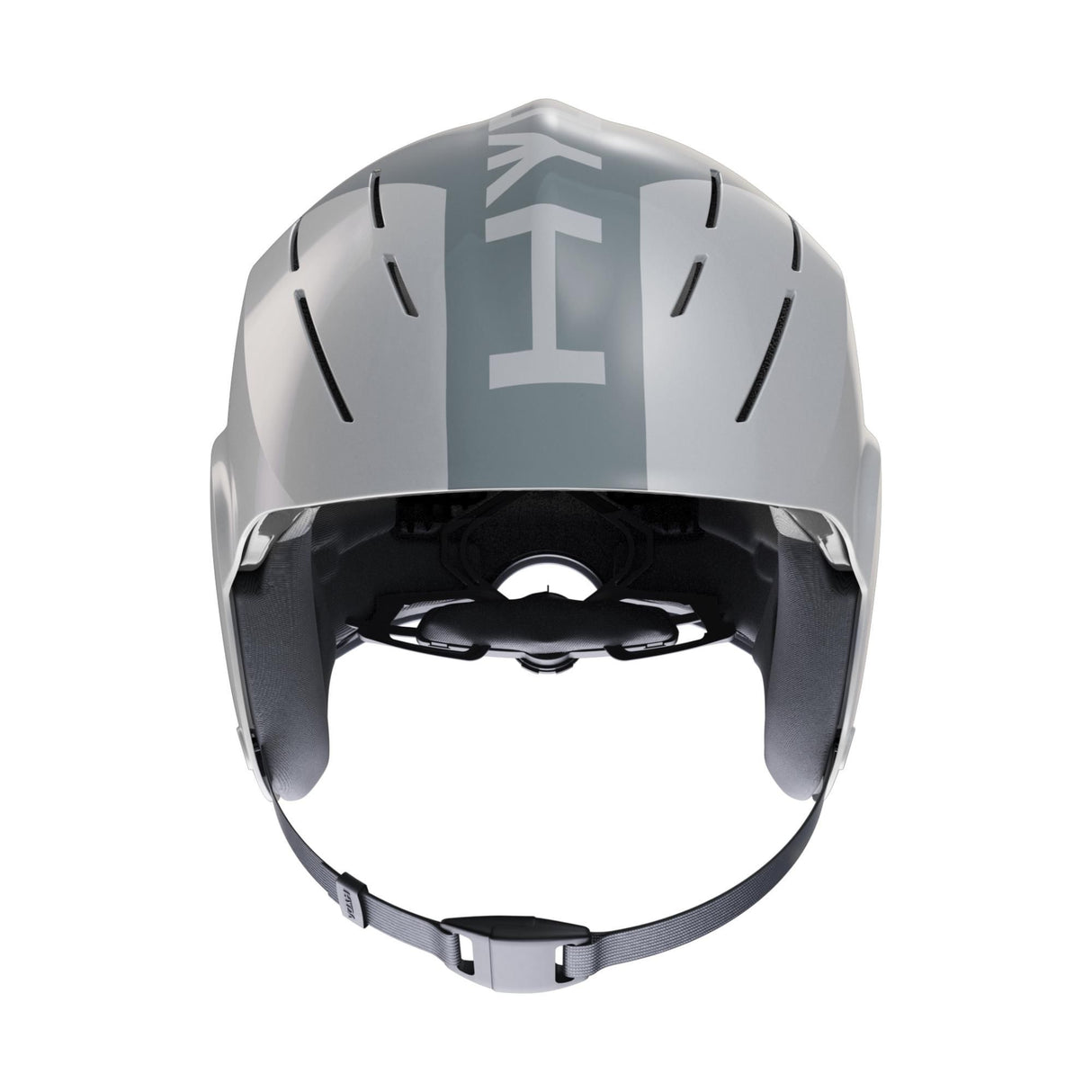 HYDA Coanda Fusion Wassersport Helm grau, Vorderansicht, moderner Kunststoffhelm mit Belüftungslöchern und Kinnriemen