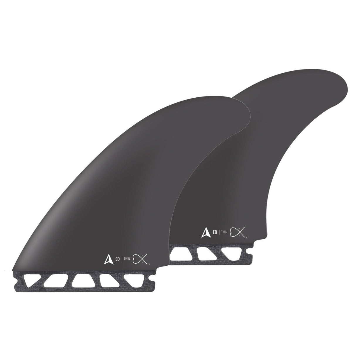 Roam Twin Fin Set Eduard Delpero, dunkelgrau, zwei Surfflossen mit weißer Basis, Ansicht von oben