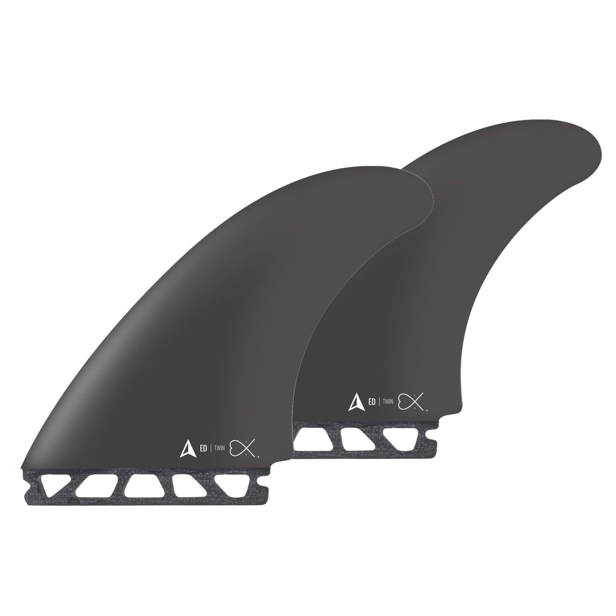Roam Twin Fin Set Eduard Delpero, dunkelgrau, zwei Surfflossen mit weißer Basis, Ansicht von oben