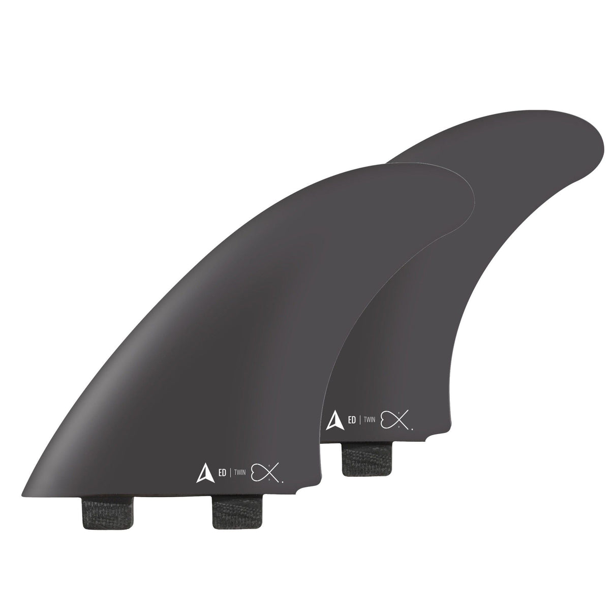 Roam Twin Fin Set Eduard Delpero, zwei schwarze Surfflossen aus Fiberglas mit Boxen, Frontalansicht
