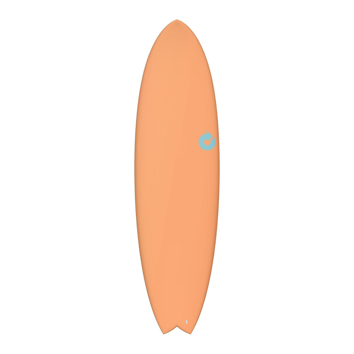 Torq TET MOD Fish Surfboard in Apricot mit blauem Logo, Frontansicht