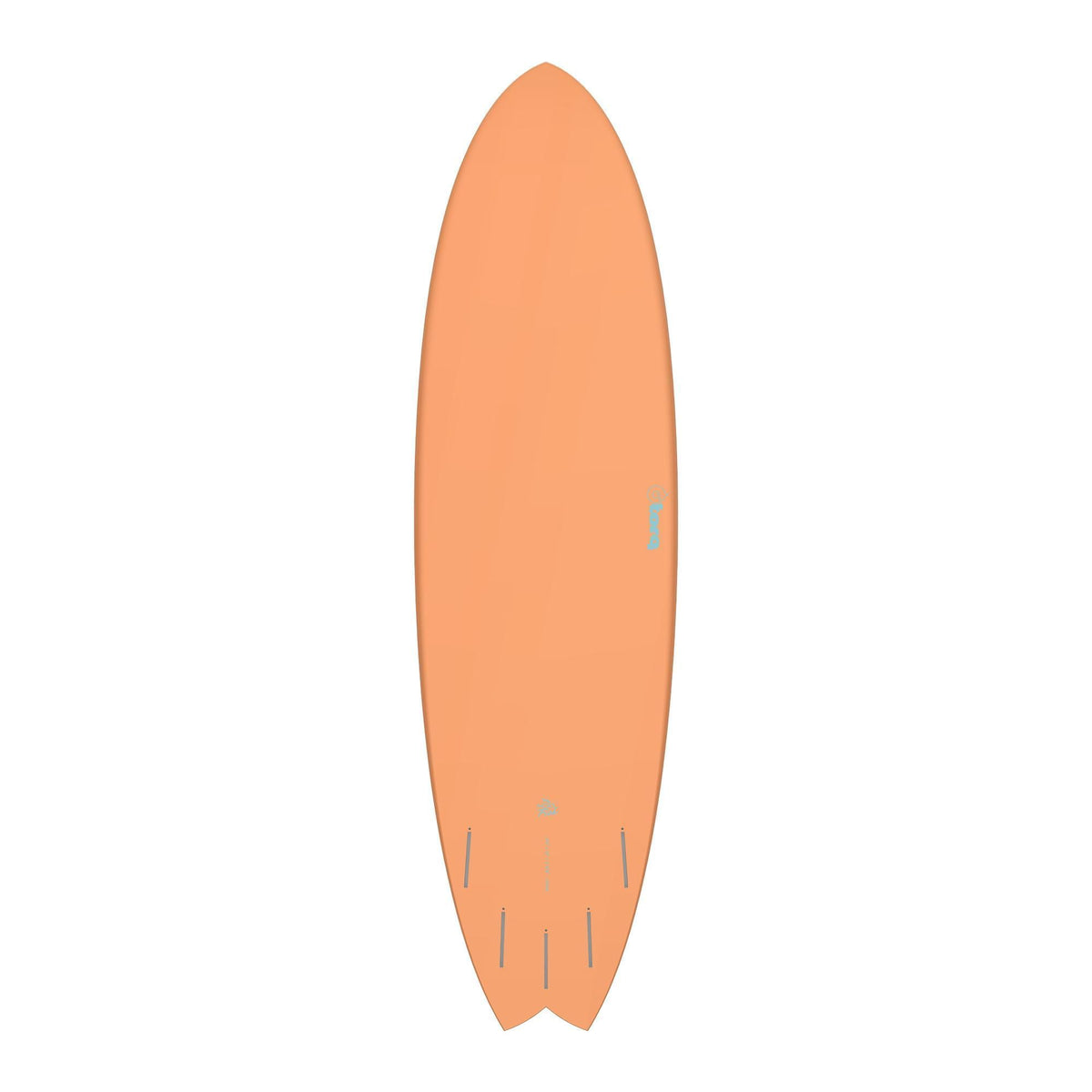 Torq TET MOD Fish Surfboard in Apricot, Draufsicht auf das längliche Board mit abgerundeter Nose und Fish-Tail
