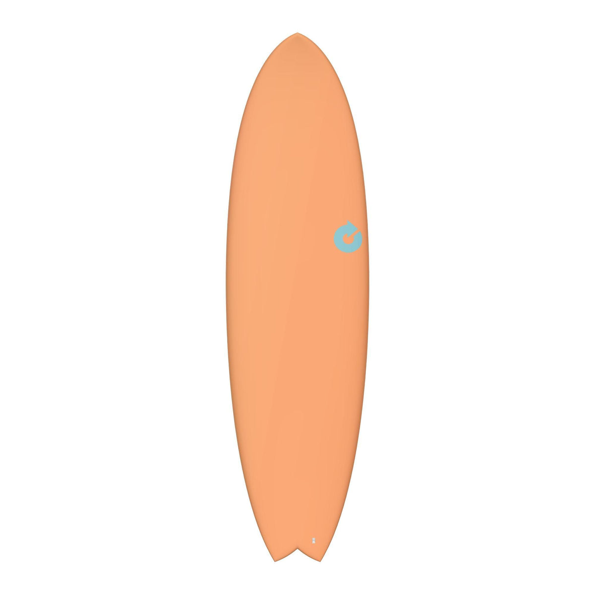 Torq TET MOD Fish Surfboard mit orangem Rail und weißem Deck, Draufsicht