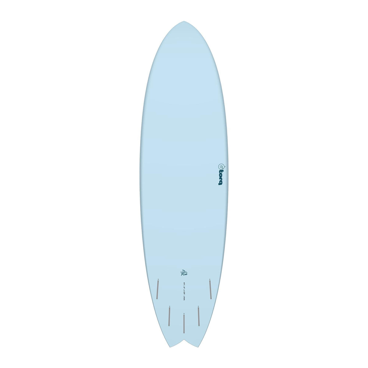 Torq TET MOD Fun & Fish Surfboard, hellblau, Draufsicht, kompakte Fischform mit abgerundeter Nose und breiter Heck-Entwässerung